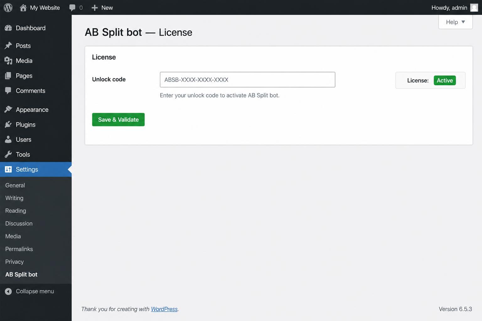 AB Split bot license settings page in WordPress