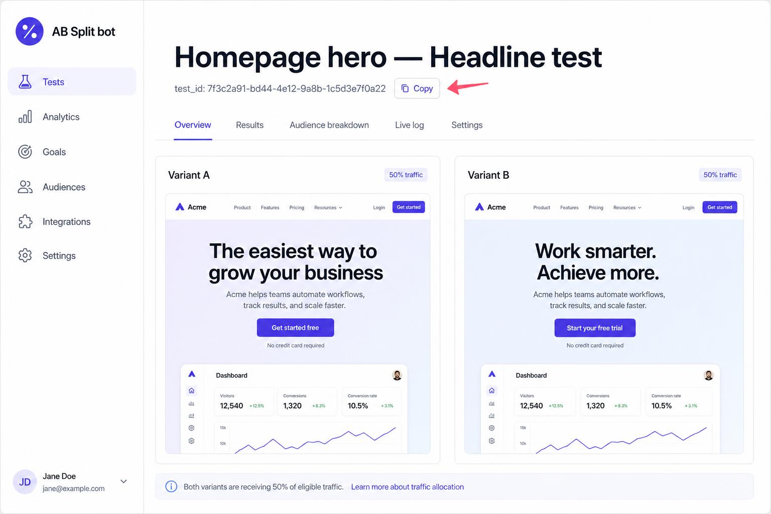 Test detail page with the Copy button next to the test ID highlighted