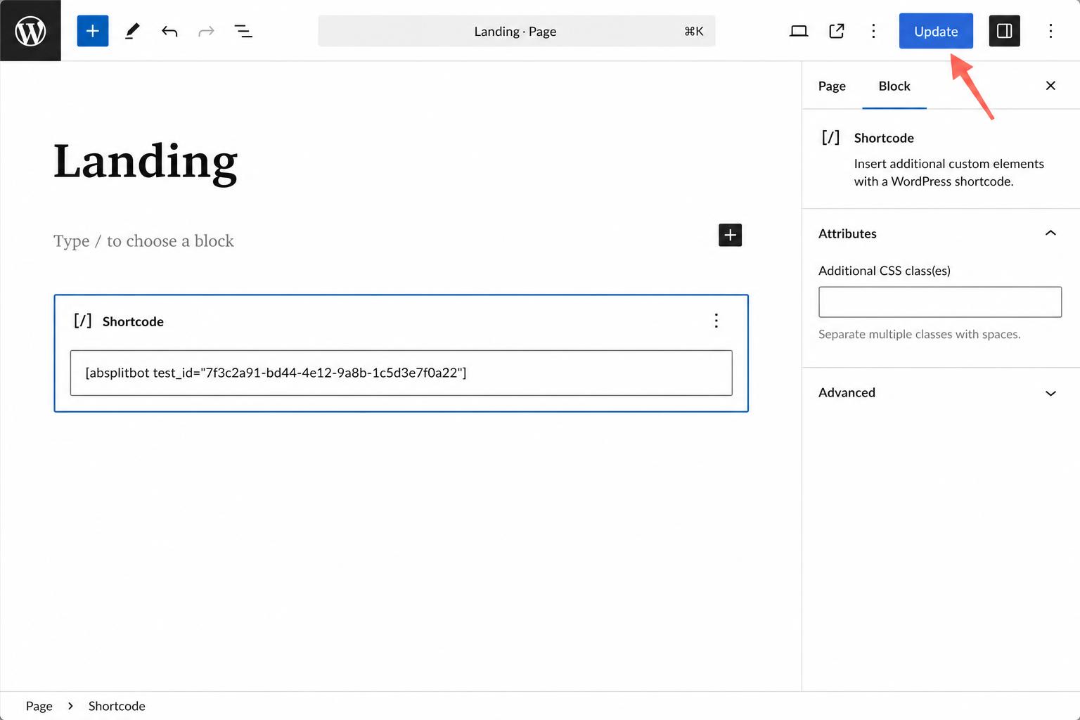 WordPress block editor with an AB Split bot shortcode pasted into a Shortcode block