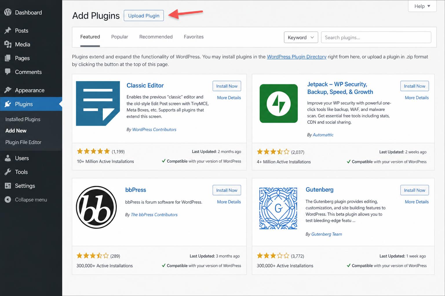 WordPress Add Plugins page with the Upload Plugin button highlighted