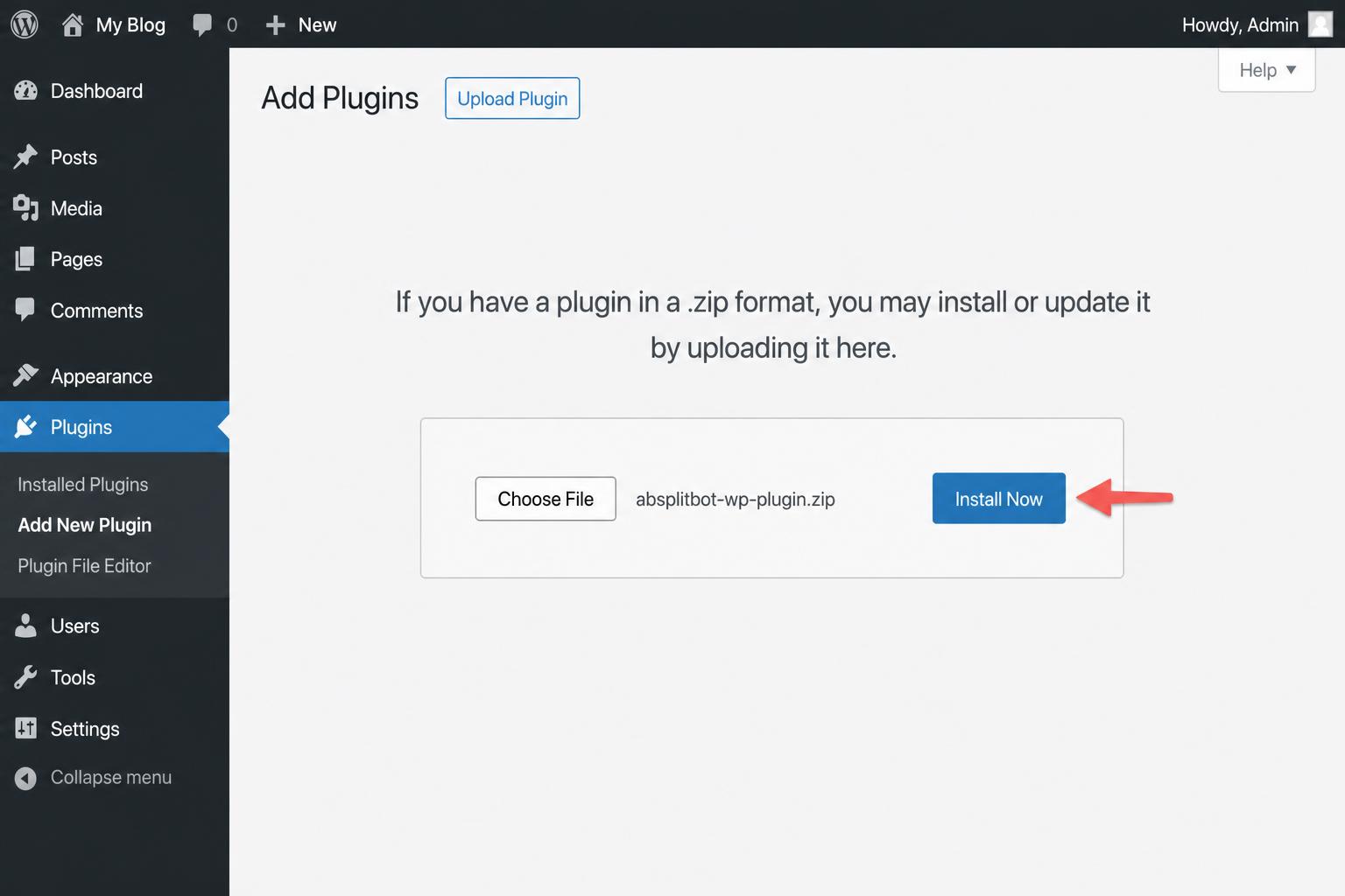 Choose the zip file and click Install Now