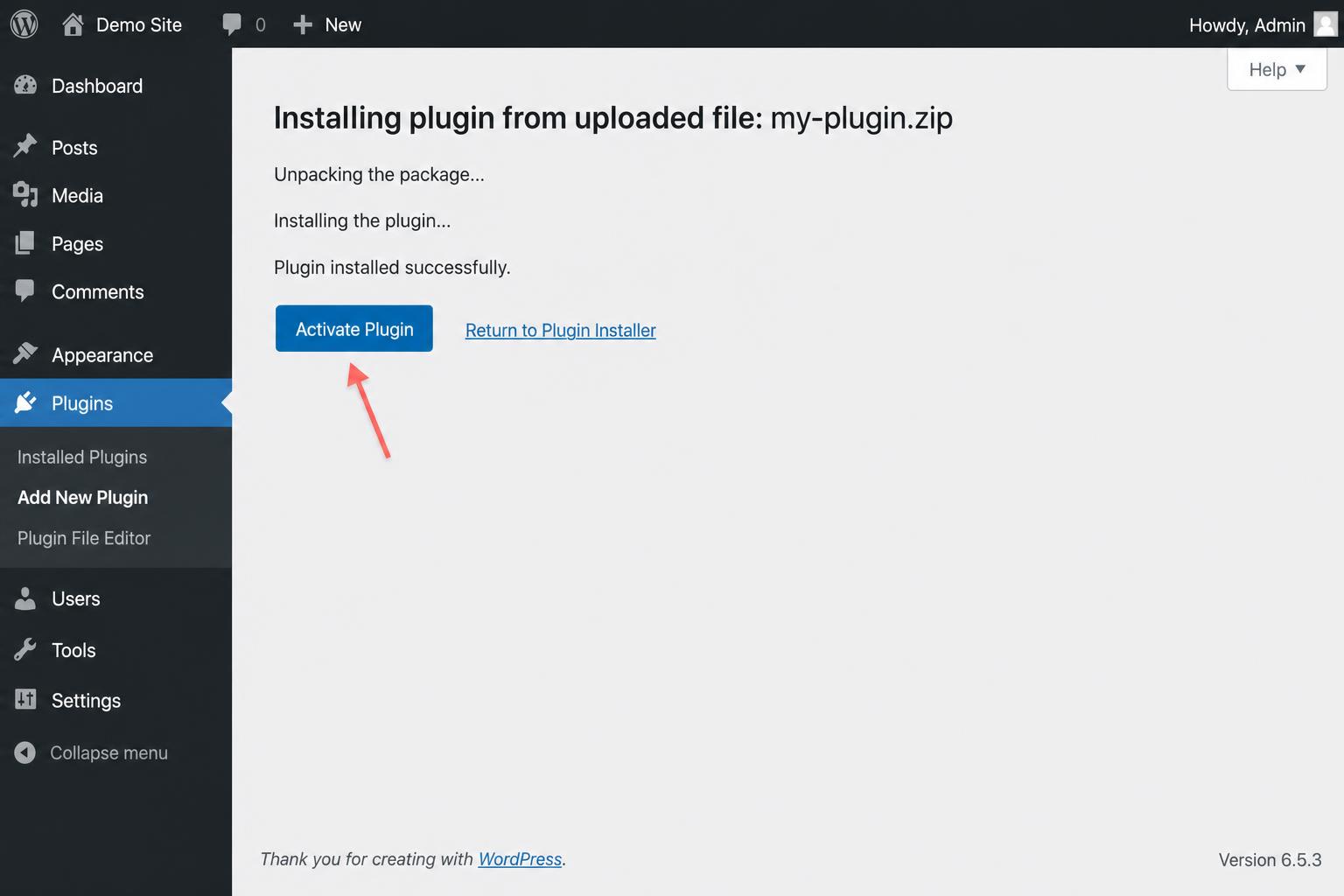 Plugin installed successfully — click Activate Plugin